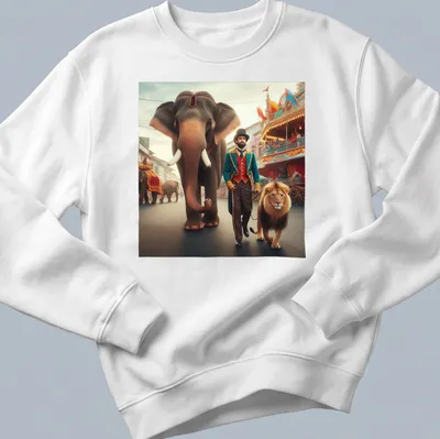 Vintage circus scene with a ringmaster, elephant, and lion, featuring colorful details — printed on a unisex sweatshirt