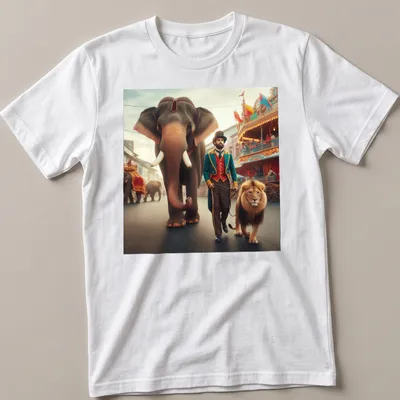 Vintage circus scene with a ringmaster, elephant, and lion, featuring colorful details