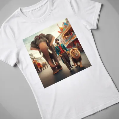 Vintage circus scene with a ringmaster, elephant, and lion, featuring colorful details — printed on a women's shirt