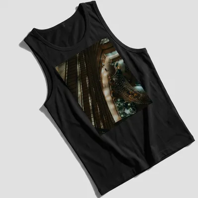 Illustration of a kingfisher perched in a river scene with modern architectural style — printed on a tank top