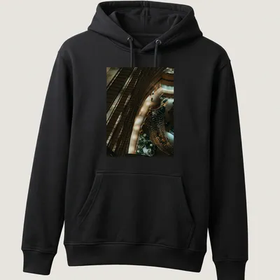 Illustration of a kingfisher perched in a river scene with modern architectural style — printed on a unisex hoodie