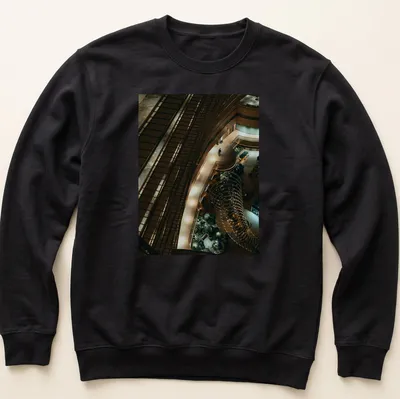 Illustration of a kingfisher perched in a river scene with modern architectural style — printed on a unisex sweatshirt