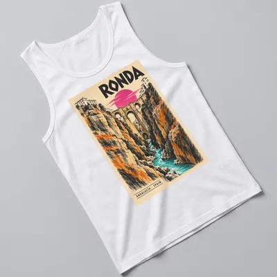 Vintage poster print of Ronda Bridge in Spain with warm colors — printed on a tank top