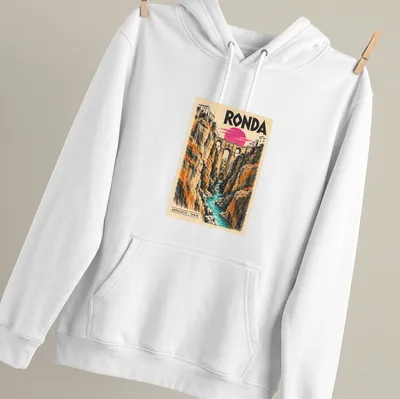 Vintage poster print of Ronda Bridge in Spain with warm colors — printed on a unisex hoodie
