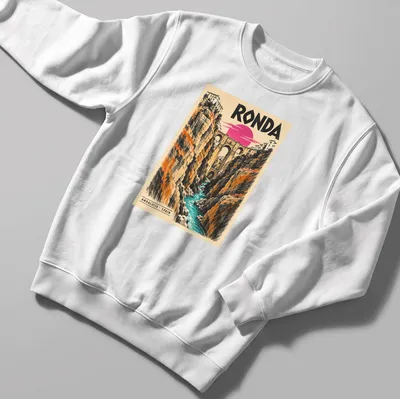 Vintage poster print of Ronda Bridge in Spain with warm colors — printed on a unisex sweatshirt