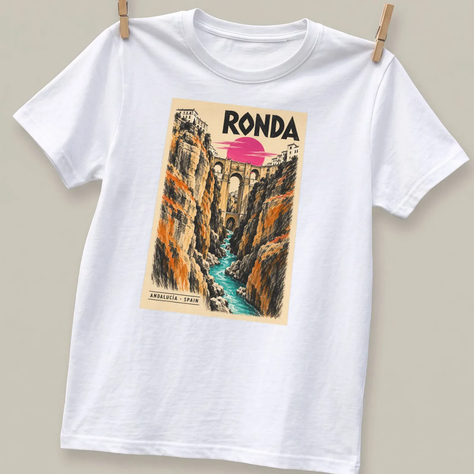 Vintage poster print of Ronda Bridge in Spain with warm colors — printed on a unisex t-shirt