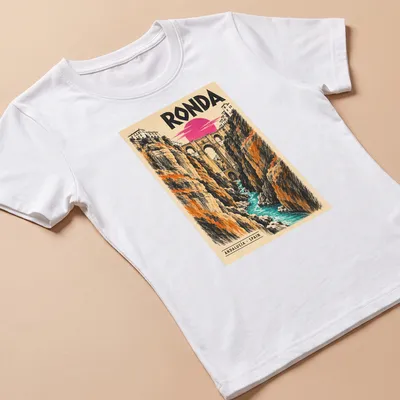 Vintage poster print of Ronda Bridge in Spain with warm colors — printed on a women's shirt