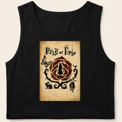 Vintage-style gothic emblem featuring a girl, butterfly, and rabbit with roses — printed on a tank top