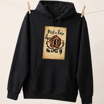 Vintage-style gothic emblem featuring a girl, butterfly, and rabbit with roses — printed on a unisex hoodie