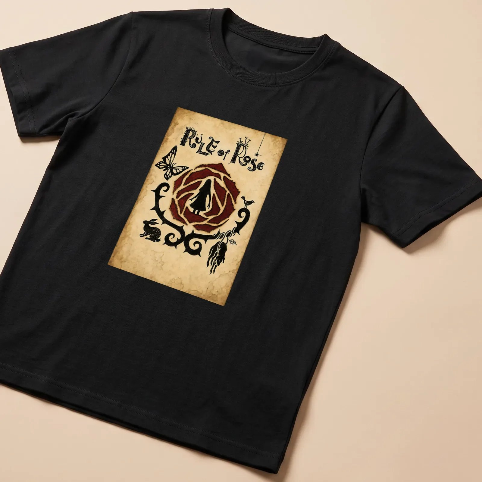 Vintage-style gothic emblem featuring a girl, butterfly, and rabbit with roses — printed on a unisex t-shirt