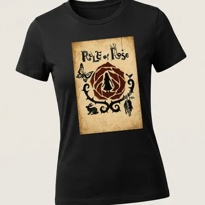 Vintage-style gothic emblem featuring a girl, butterfly, and rabbit with roses — printed on a women's shirt