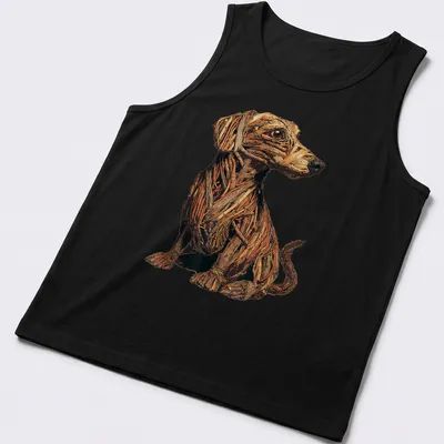Rustic illustration of a Dachshund with twigs and branches in autumn colors — printed on a tank top