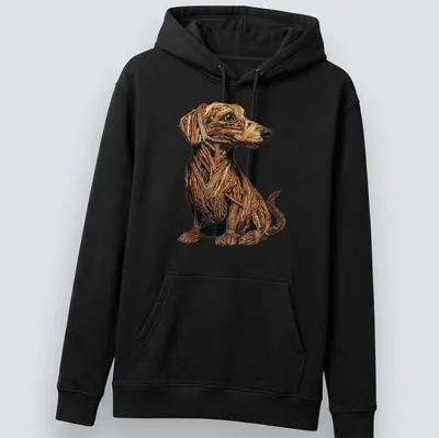 Rustic illustration of a Dachshund with twigs and branches in autumn colors — printed on a unisex hoodie