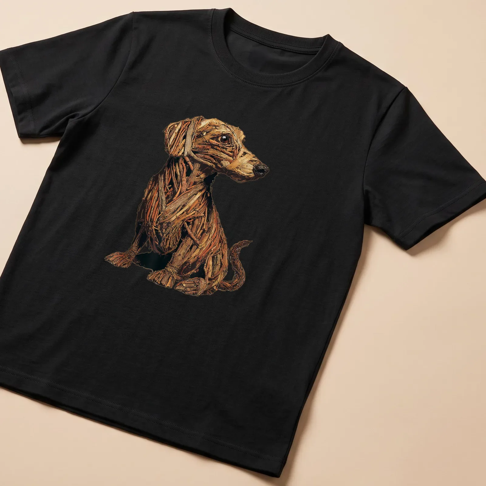 Rustic illustration of a Dachshund with twigs and branches in autumn colors — printed on a unisex t-shirt