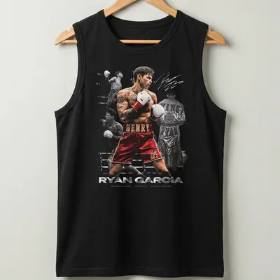 Dynamic action collage featuring boxer Ryan Garcia in bold colors. — printed on a tank top