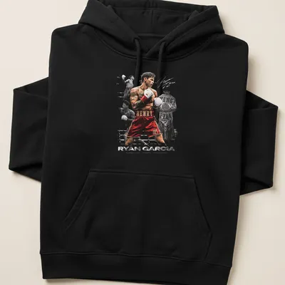 Dynamic action collage featuring boxer Ryan Garcia in bold colors. — printed on a unisex hoodie