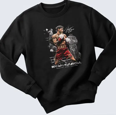 Dynamic action collage featuring boxer Ryan Garcia in bold colors. — printed on a unisex sweatshirt