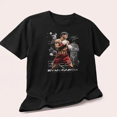Dynamic action collage featuring boxer Ryan Garcia in bold colors. — printed on a unisex t-shirt (angled view)