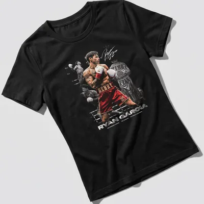 Dynamic action collage featuring boxer Ryan Garcia in bold colors. — printed on a women's shirt