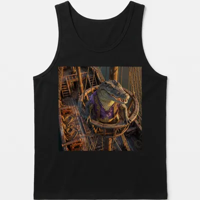 Realistic crocodile pirate t-shirt featuring a green, purple, brown, and gold color scheme — printed on a tank top