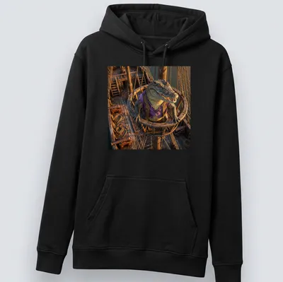 Realistic crocodile pirate t-shirt featuring a green, purple, brown, and gold color scheme — printed on a unisex hoodie