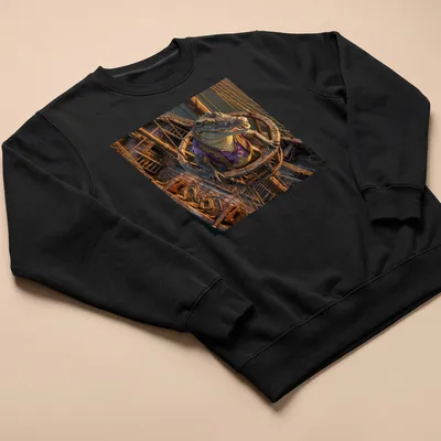 Realistic crocodile pirate t-shirt featuring a green, purple, brown, and gold color scheme — printed on a unisex sweatshirt