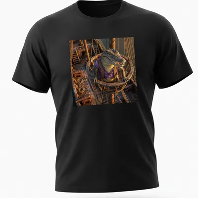 Realistic crocodile pirate t-shirt featuring a green, purple, brown, and gold color scheme