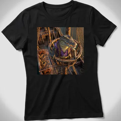 Realistic crocodile pirate t-shirt featuring a green, purple, brown, and gold color scheme — printed on a women's shirt