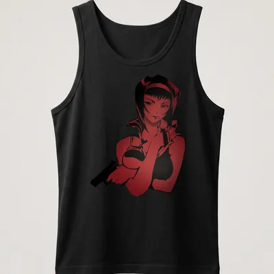 Doodle of a confident woman holding a gun in red and black — printed on a tank top