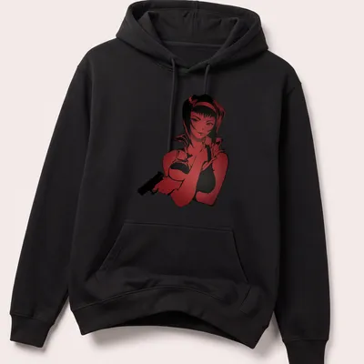 Doodle of a confident woman holding a gun in red and black — printed on a unisex hoodie
