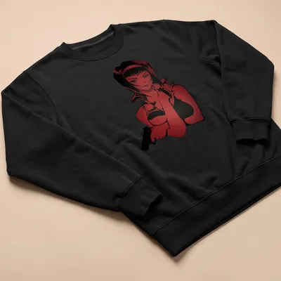 Doodle of a confident woman holding a gun in red and black — printed on a unisex sweatshirt