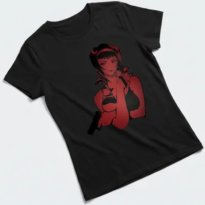 Doodle of a confident woman holding a gun in red and black — printed on a women's shirt
