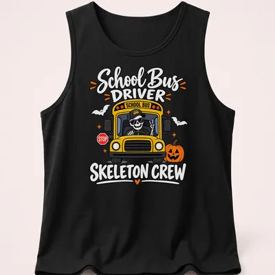 Cartoonish print of a cheerful skeleton school bus driver with vibrant colors — printed on a tank top