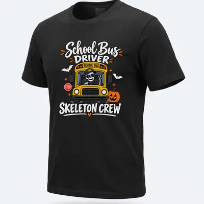 Cartoonish print of a cheerful skeleton school bus driver with vibrant colors — printed on a unisex t-shirt