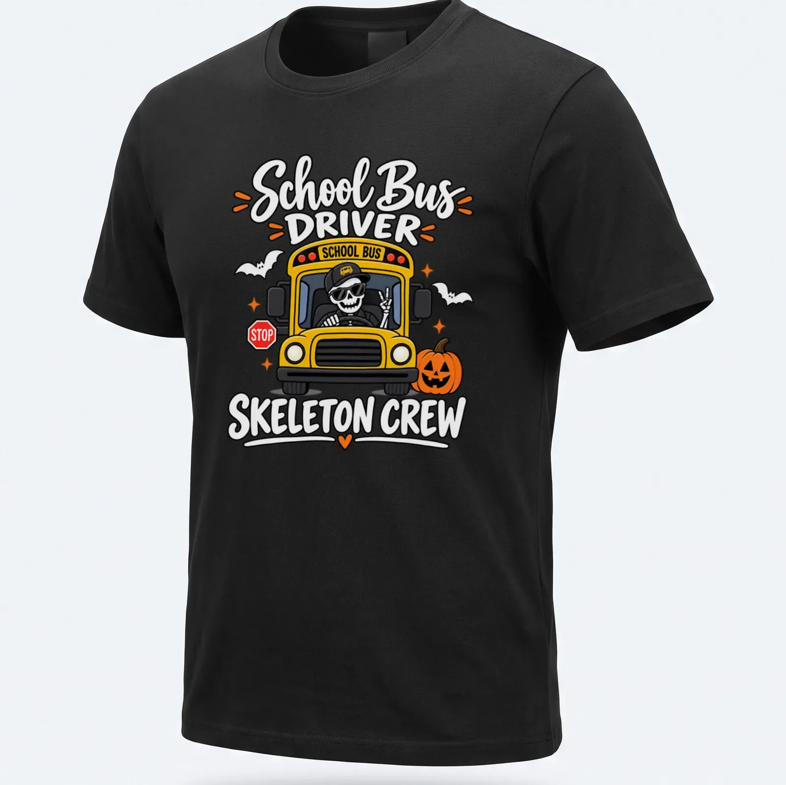 Cartoonish print of a cheerful skeleton school bus driver with vibrant colors — printed on a unisex t-shirt