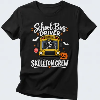 Cartoonish print of a cheerful skeleton school bus driver with vibrant colors — printed on a women's shirt
