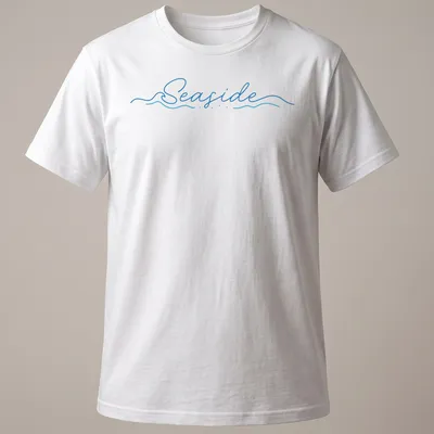 Cursive script design featuring the word Seaside over wave imagery in blue and white
