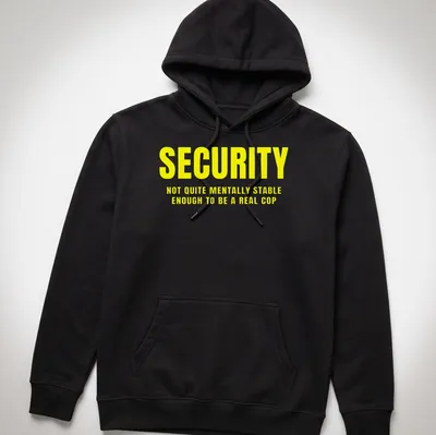 Bold typography shirt with humorous security text in yellow and white. — printed on a unisex hoodie