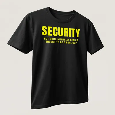 Bold typography shirt with humorous security text in yellow and white. — printed on a unisex t-shirt (angled view)