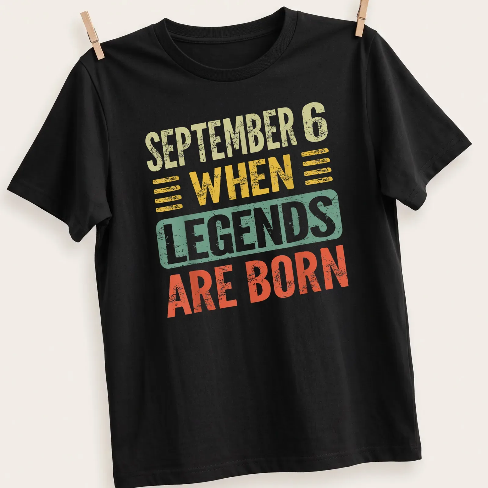 Vintage distressed birthday t-shirt with colorful text for September 6. — printed on a unisex t-shirt