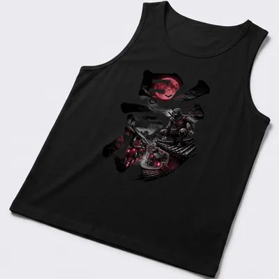Illustration of a ninja in dark aesthetic with kanji character and blood moon — printed on a tank top
