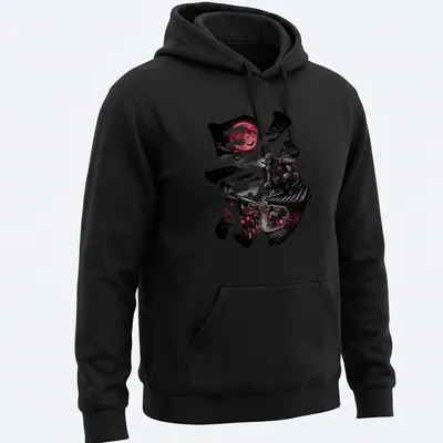 Illustration of a ninja in dark aesthetic with kanji character and blood moon — printed on a unisex hoodie