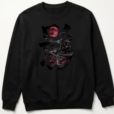 Illustration of a ninja in dark aesthetic with kanji character and blood moon — printed on a unisex sweatshirt