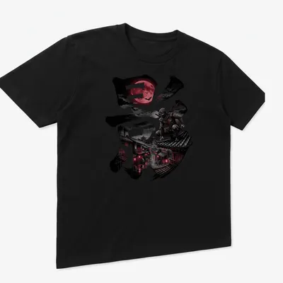 Illustration of a ninja in dark aesthetic with kanji character and blood moon — printed on a unisex t-shirt (angled view)