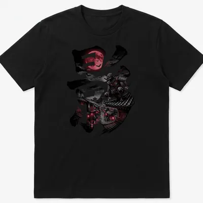Illustration of a ninja in dark aesthetic with kanji character and blood moon