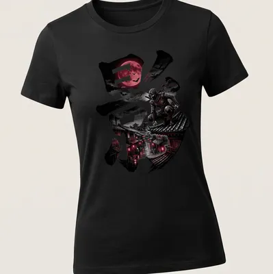 Illustration of a ninja in dark aesthetic with kanji character and blood moon — printed on a women's shirt