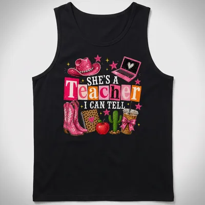 Colorful collage featuring cowgirl boots, cactus, and educational elements with a humorous saying for teachers — printed on a tank top