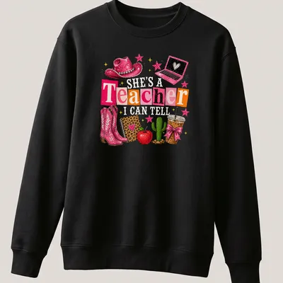 Colorful collage featuring cowgirl boots, cactus, and educational elements with a humorous saying for teachers — printed on a unisex sweatshirt