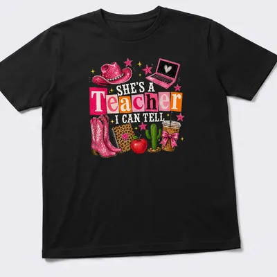 Colorful collage featuring cowgirl boots, cactus, and educational elements with a humorous saying for teachers