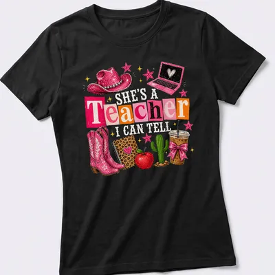 Colorful collage featuring cowgirl boots, cactus, and educational elements with a humorous saying for teachers — printed on a women's shirt
